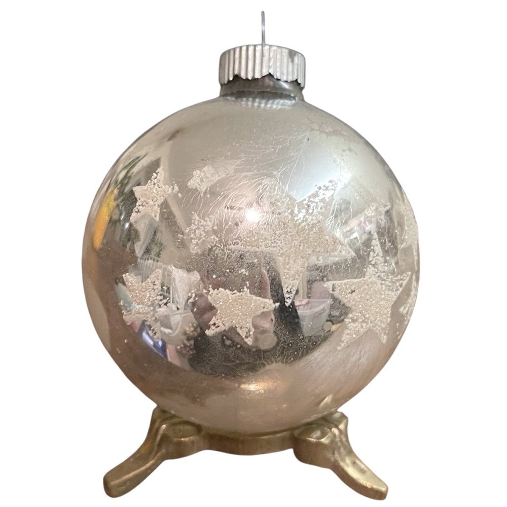 Vtg 1960 Shiny Brite Mercury Glass Stars Flocked‎ Stenciled silver Ornament 3"
